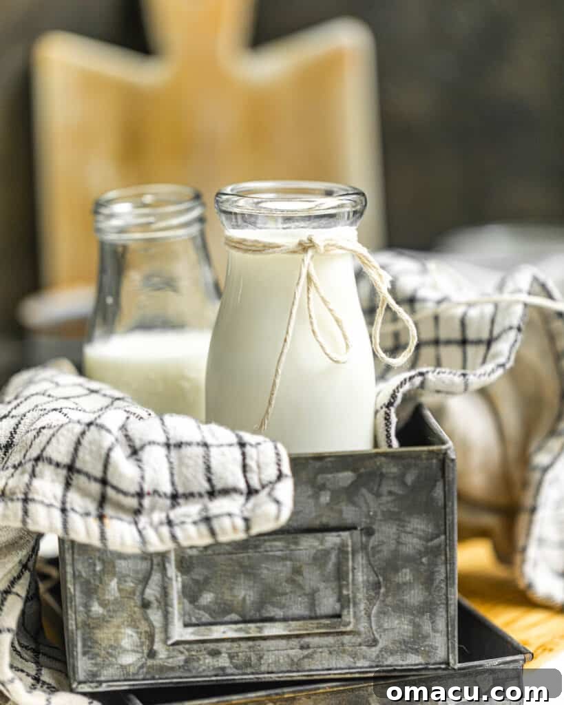Freshly prepared homemade buttermilk in a rustic tin cup, evoking traditional charm and readiness for use.