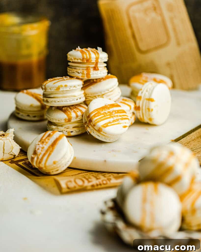 salted caramel macarons stack on top of each other