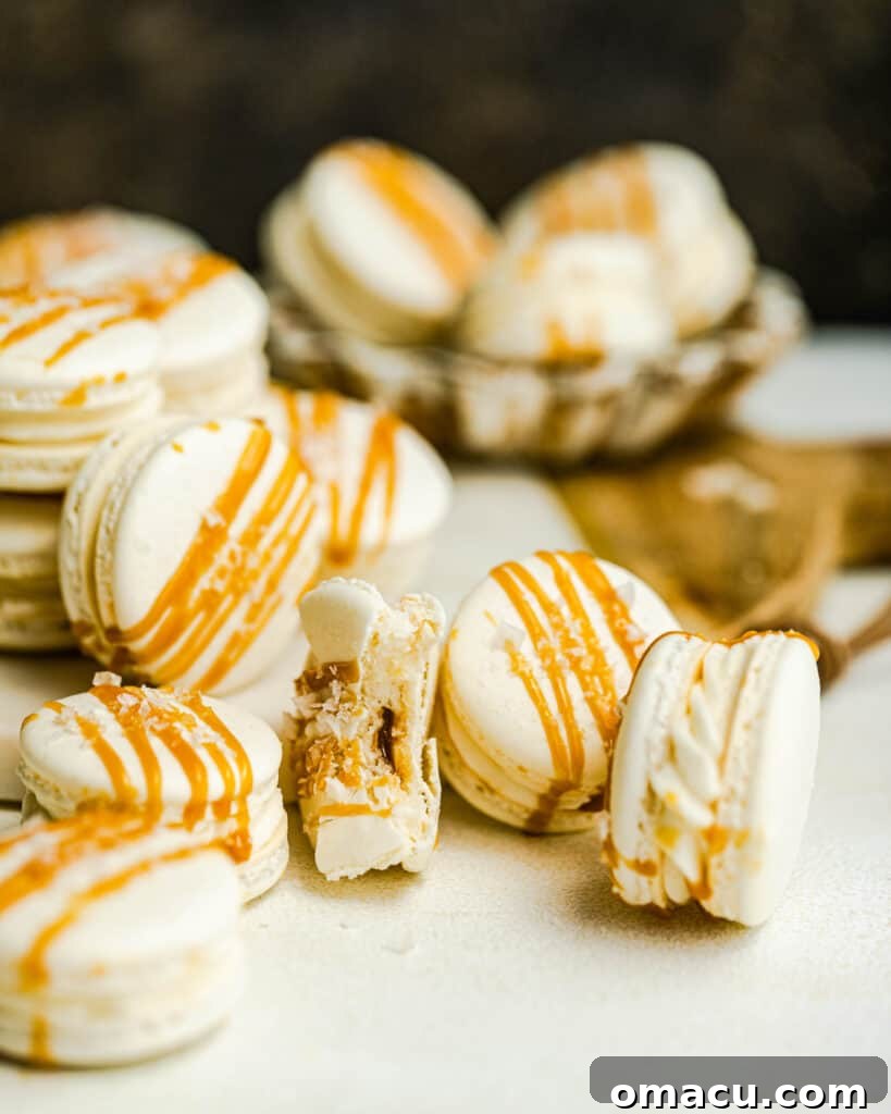 salted caramel macarons on a white table