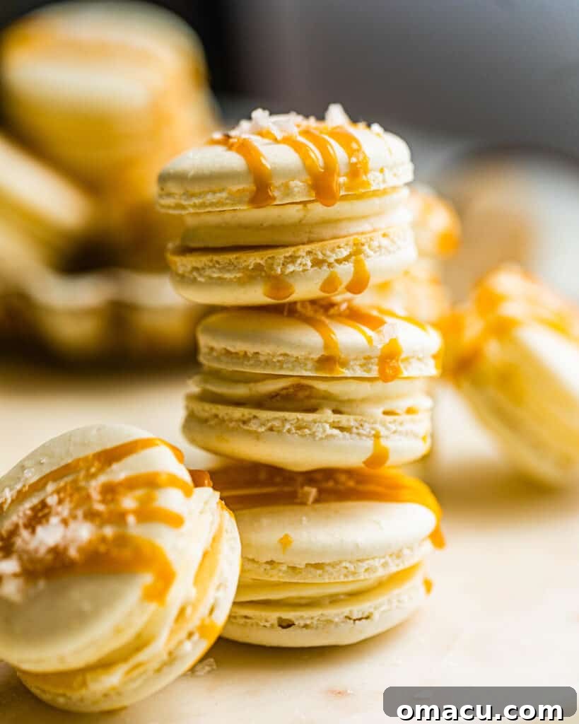 salted caramel macarons in a bowl