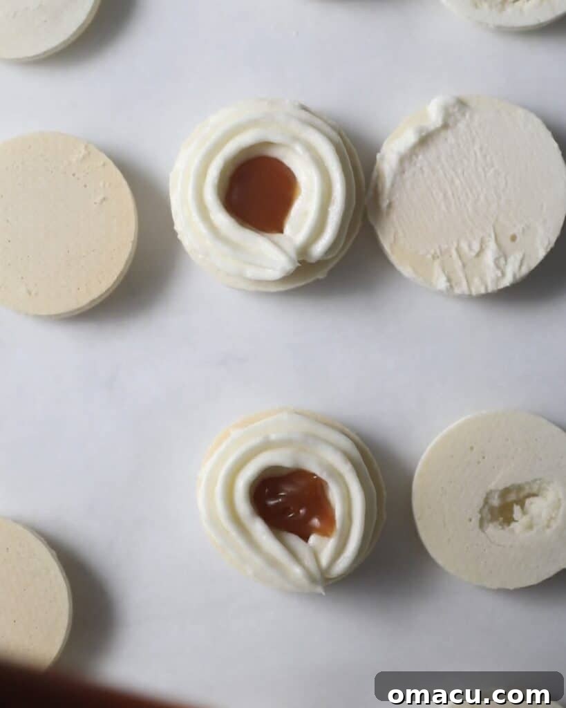 salted caramel and buttercream filling of a salted caramel macaron
