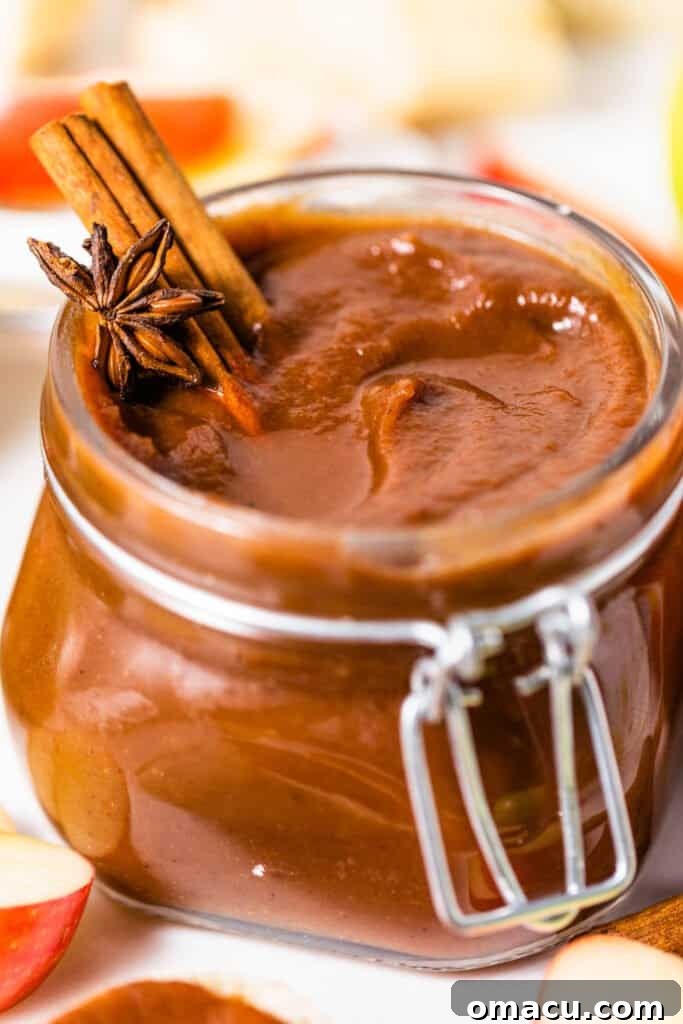 slow cooker apple butter in a jar with cinnamon sticks and star anise