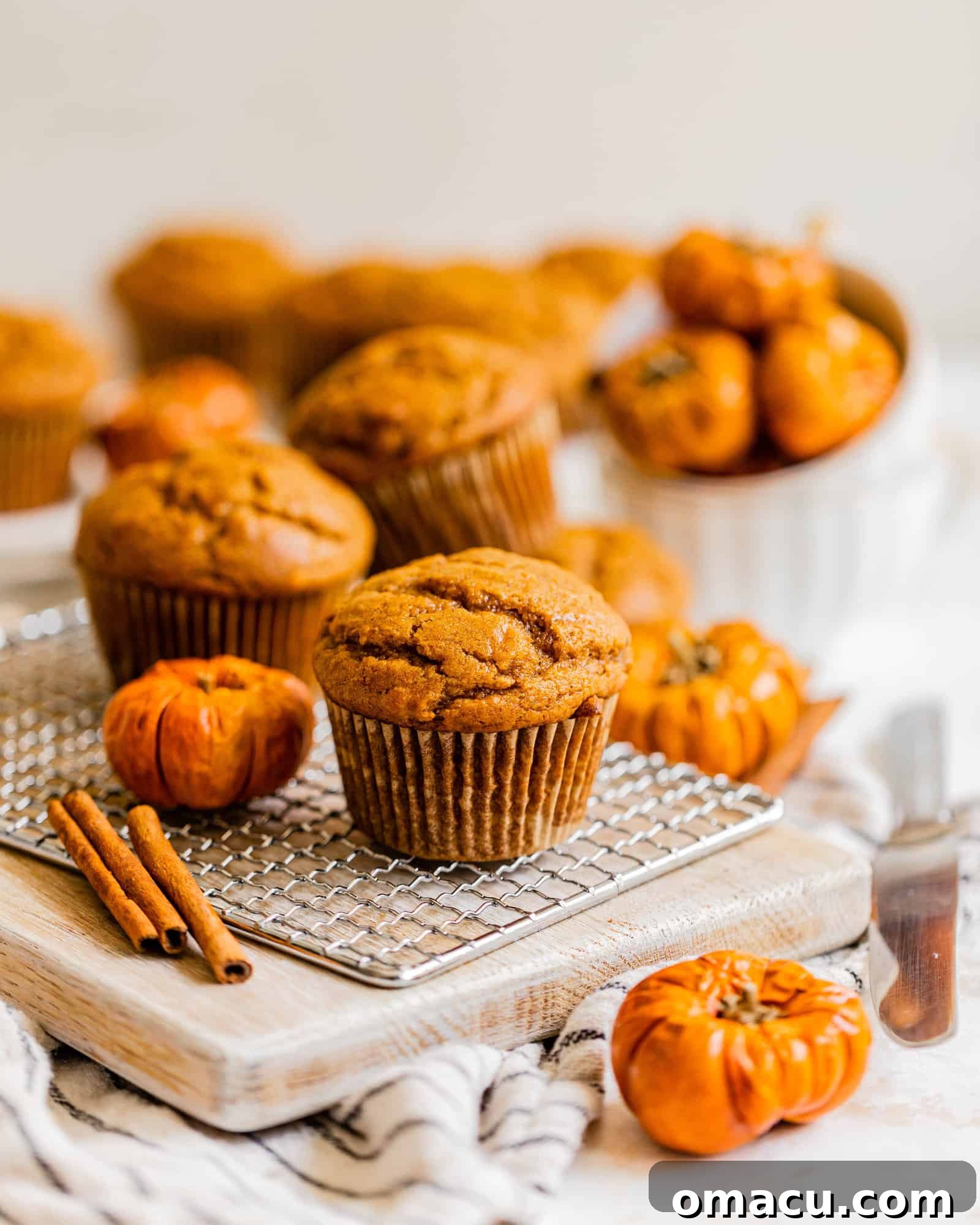 Delicious pumpkin muffins displayed on a rustic wooden board with decorative mini pumpkins, capturing the essence of autumn baking.