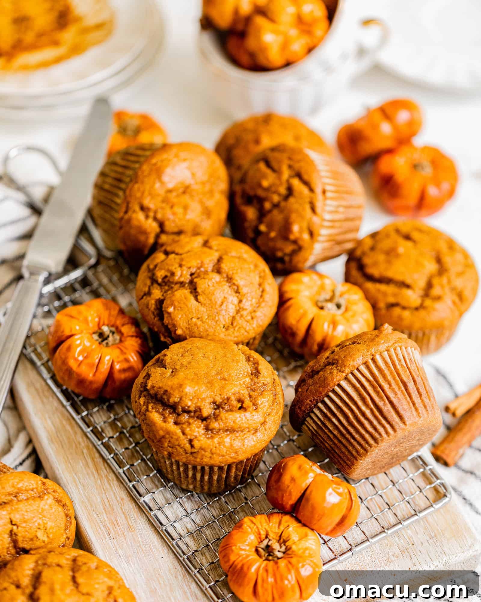 A batch of freshly baked pumpkin muffins cooling on a wire rack, showcasing their perfectly domed tops and inviting golden-brown crusts.