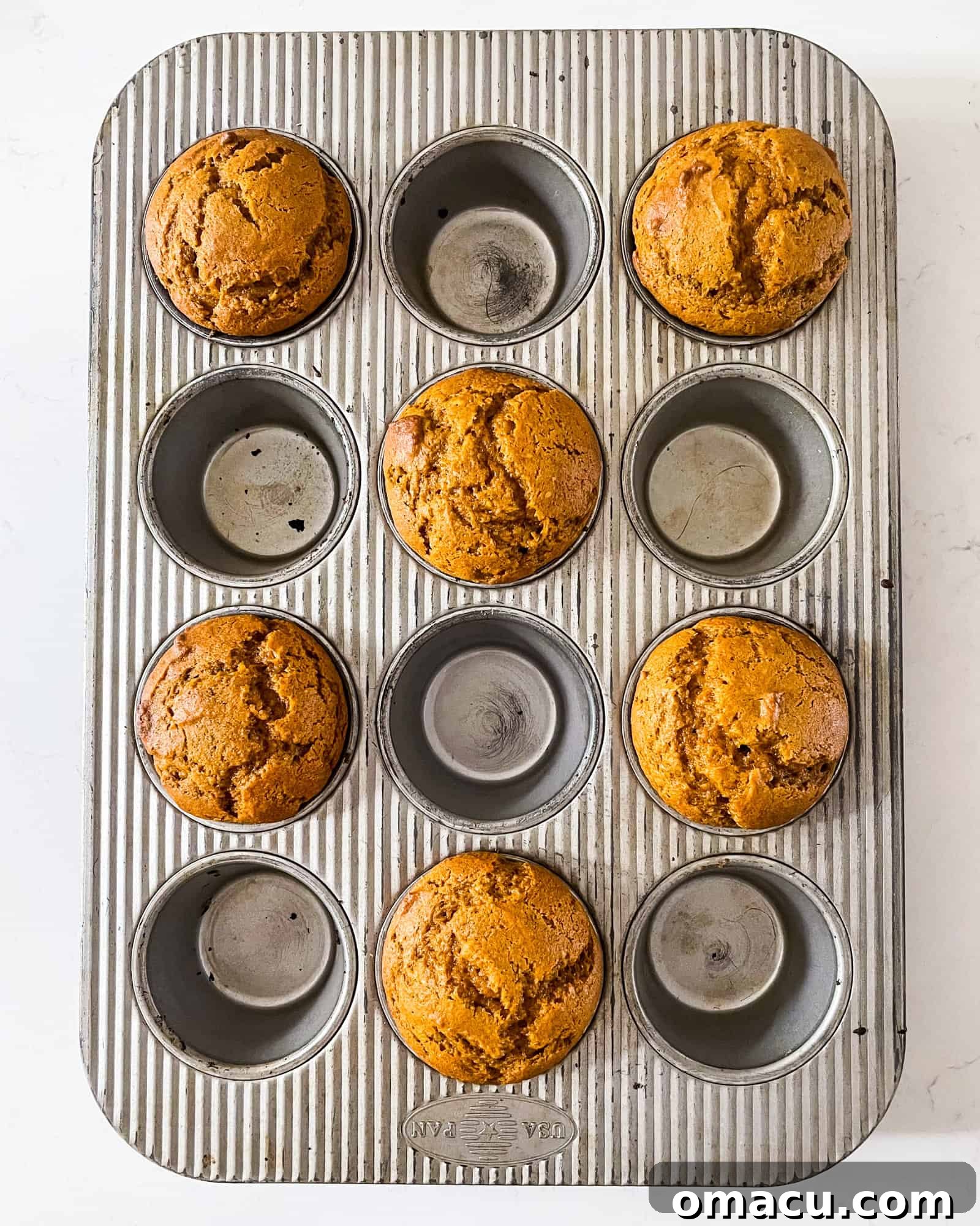 Freshly baked pumpkin muffins cooling in a muffin pan, their golden tops visible, promising a delicious treat.