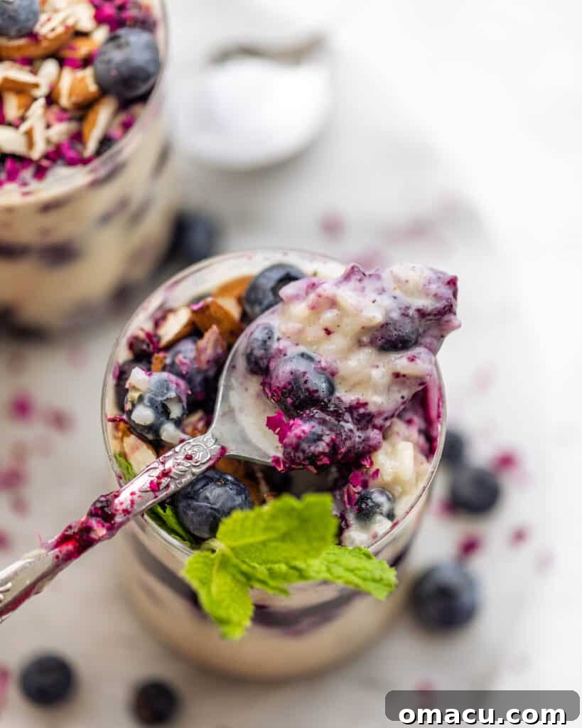 A spoon delicately swirling vibrant blueberry compote into a bowl of creamy rice pudding, showcasing the beautiful contrast and texture.
