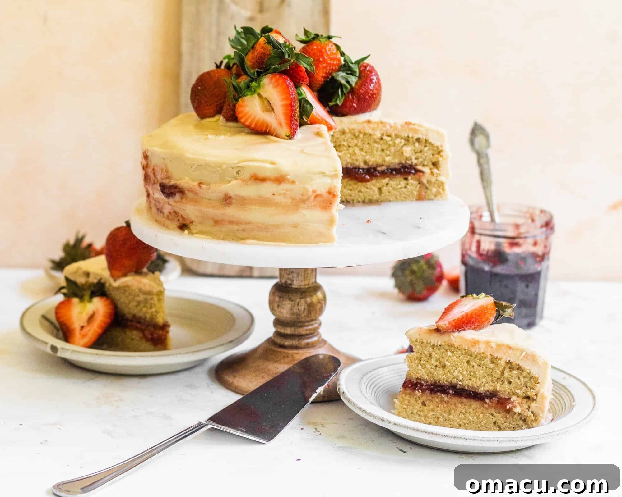 A wide shot of the Strawberry Jam Cake on a stand, garnished with fresh strawberries, emphasizing its inviting and delicious appearance.