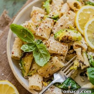 lemon ricotta pasta in a bowl with a fork and fresh sliced lemons and basil