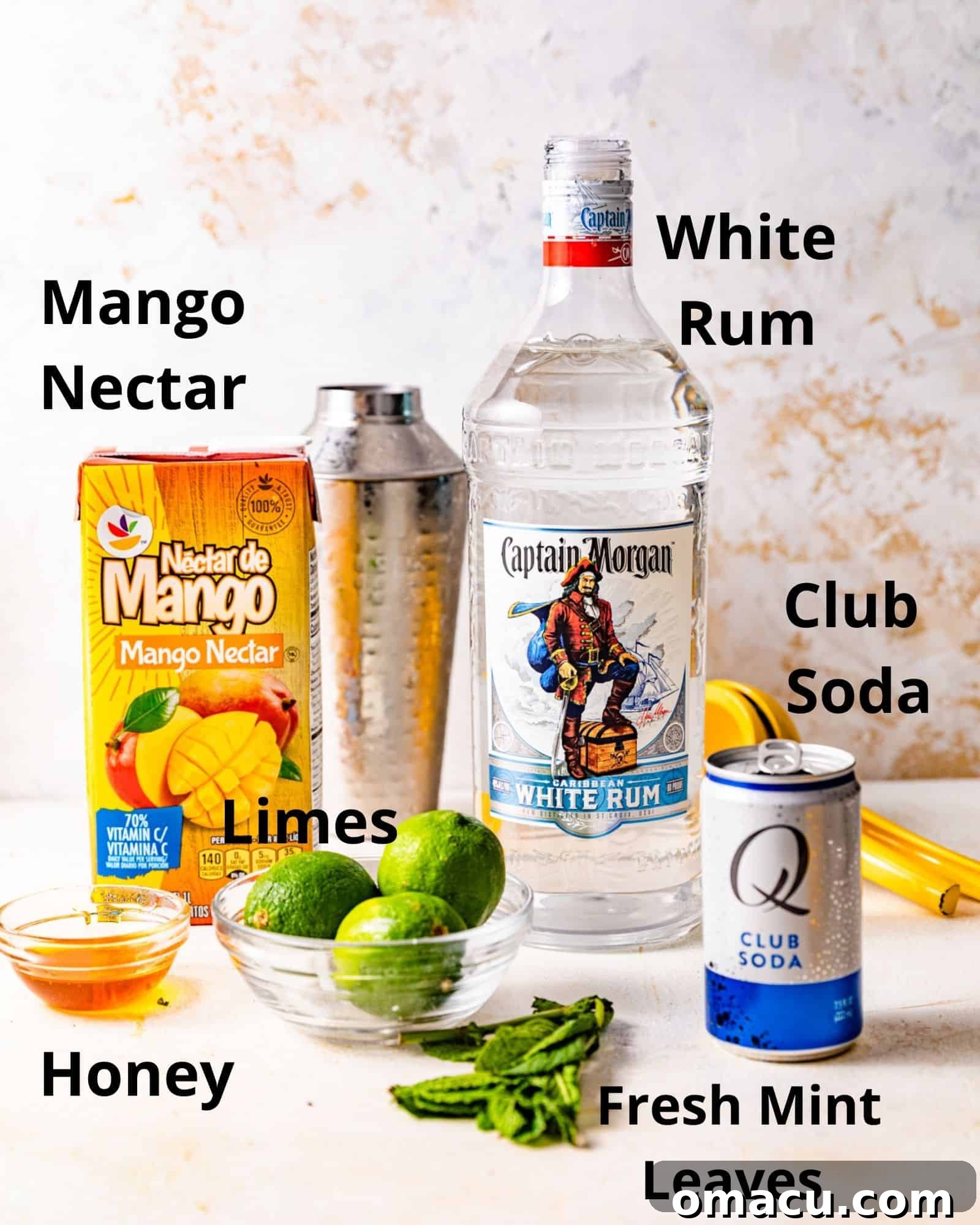 Ingredients for Mango Mojito laid out: white rum bottle, mango nectar, honey, club soda, fresh mint leaves, and whole limes.