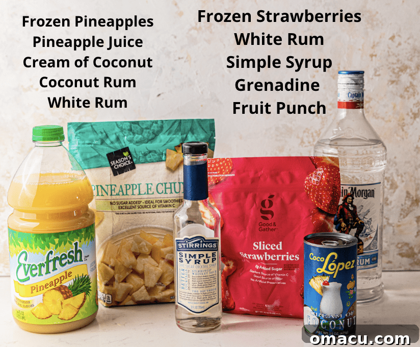 All the essential ingredients for making a homemade Miami Vice: frozen strawberries, white rum, simple syrup, grenadine, frozen pineapples, coconut rum, pineapple juice, and cream of coconut.