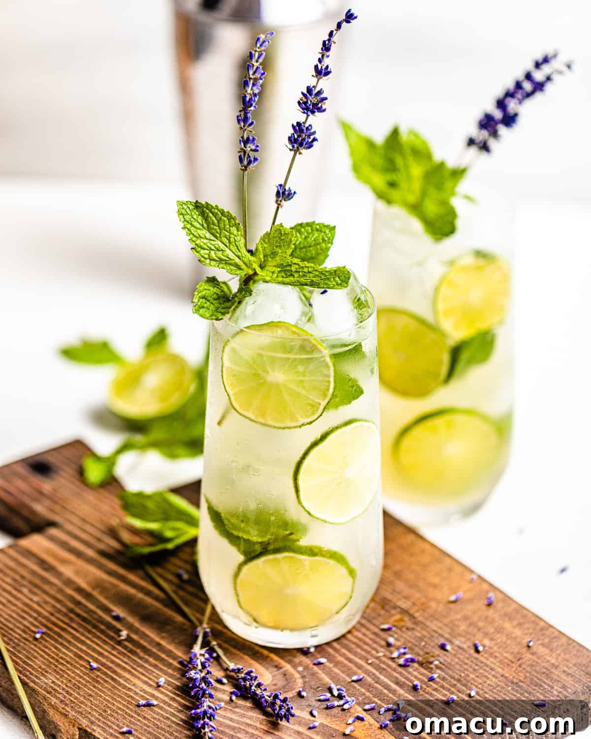 A vibrant gin mojito cocktail beautifully presented on a rustic brown serving tray, garnished with fresh mint and a lime wedge.