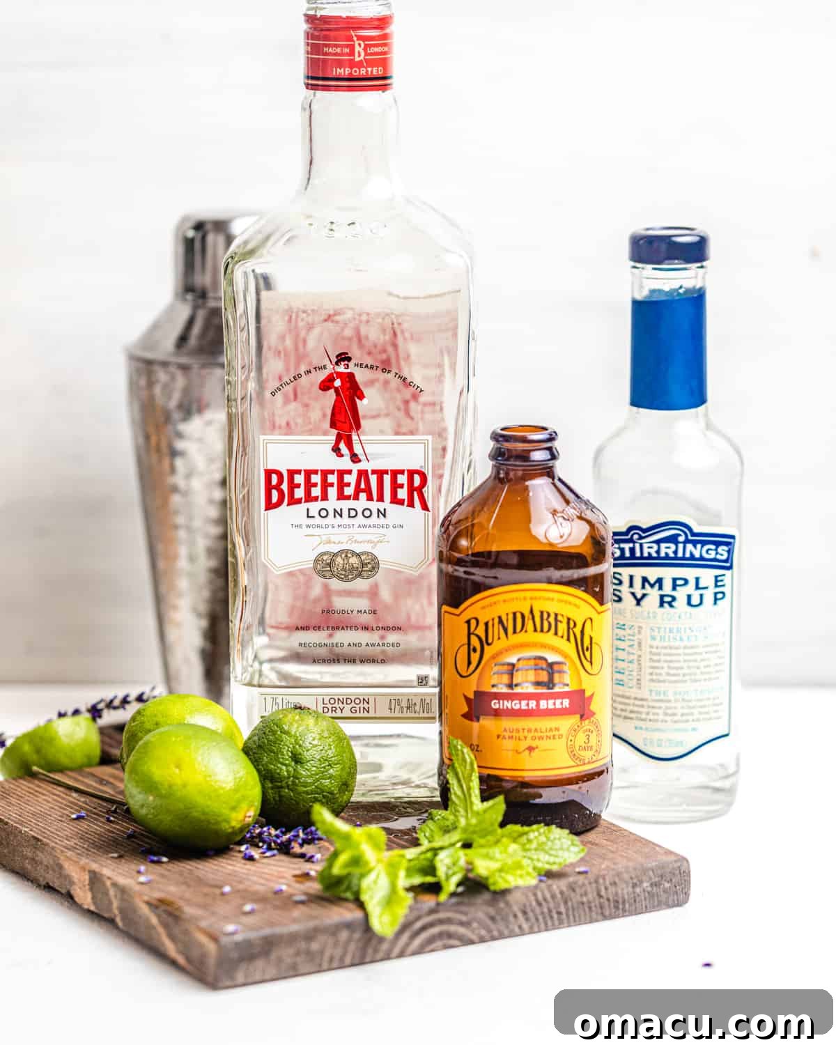 A flat lay photograph showcasing all the essential ingredients needed to craft a gin mojito: a bottle of gin, a bowl of fresh lime juice, vibrant green mint leaves, a bottle of zesty ginger beer, and a small jug of simple syrup.