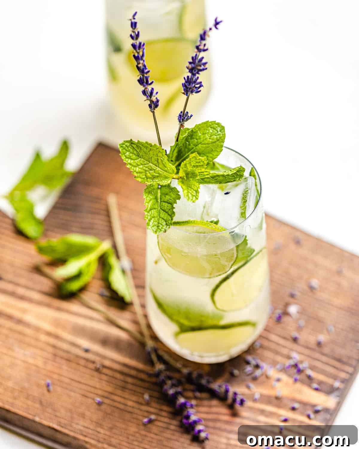 An enticing close-up photograph of a gin mojito in a stylish glass, garnished with fresh mint and a slice of lime, highlighting the condensation on the glass and the vibrant colors of the drink.