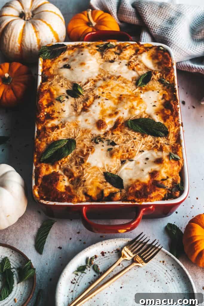A hearty slice of pumpkin lasagna, adorned with fresh pumpkins in the background, perfectly capturing the essence of fall.