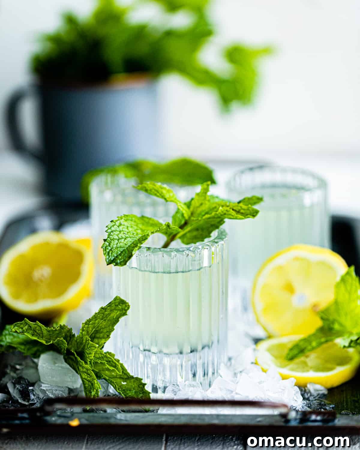 vodka shots on a serving tray sitting in ice.