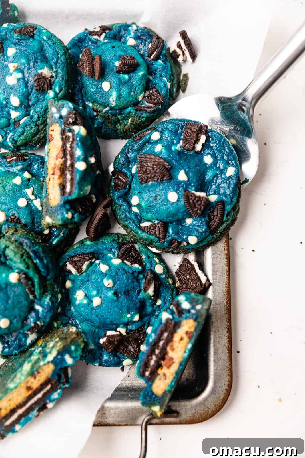 Freshly baked Cookie Monster Cookies on a serving tray, showcasing their perfect round shape and irresistible texture.