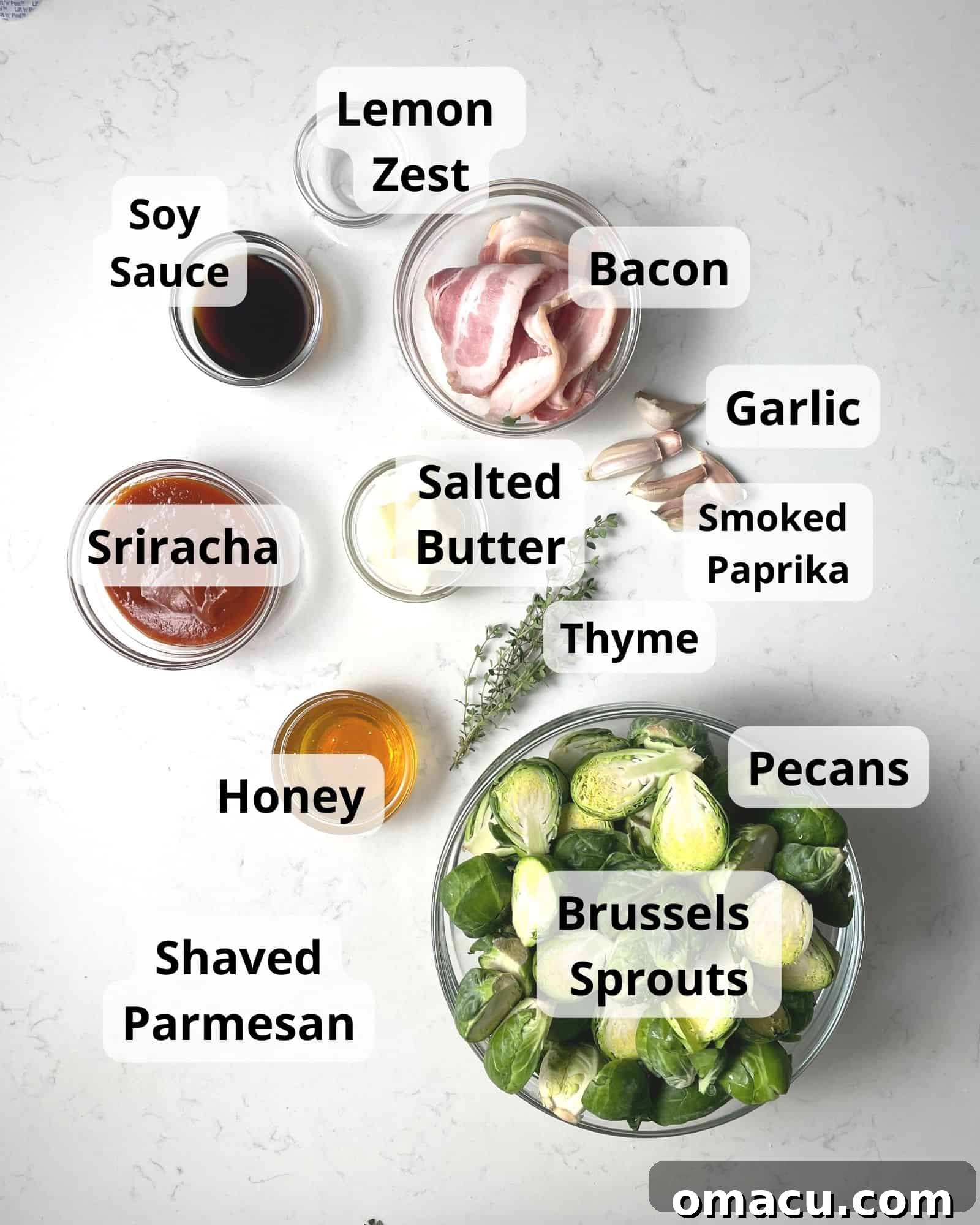 A flat lay of all ingredients for honey sriracha brussels sprouts: fresh brussels sprouts, strips of bacon, sprigs of thyme, a stick of butter, a bottle of sriracha, a jar of honey, a bottle of soy sauce, a small bowl of smoked paprika, chopped pecans, shaved parmesan, and a lemon.