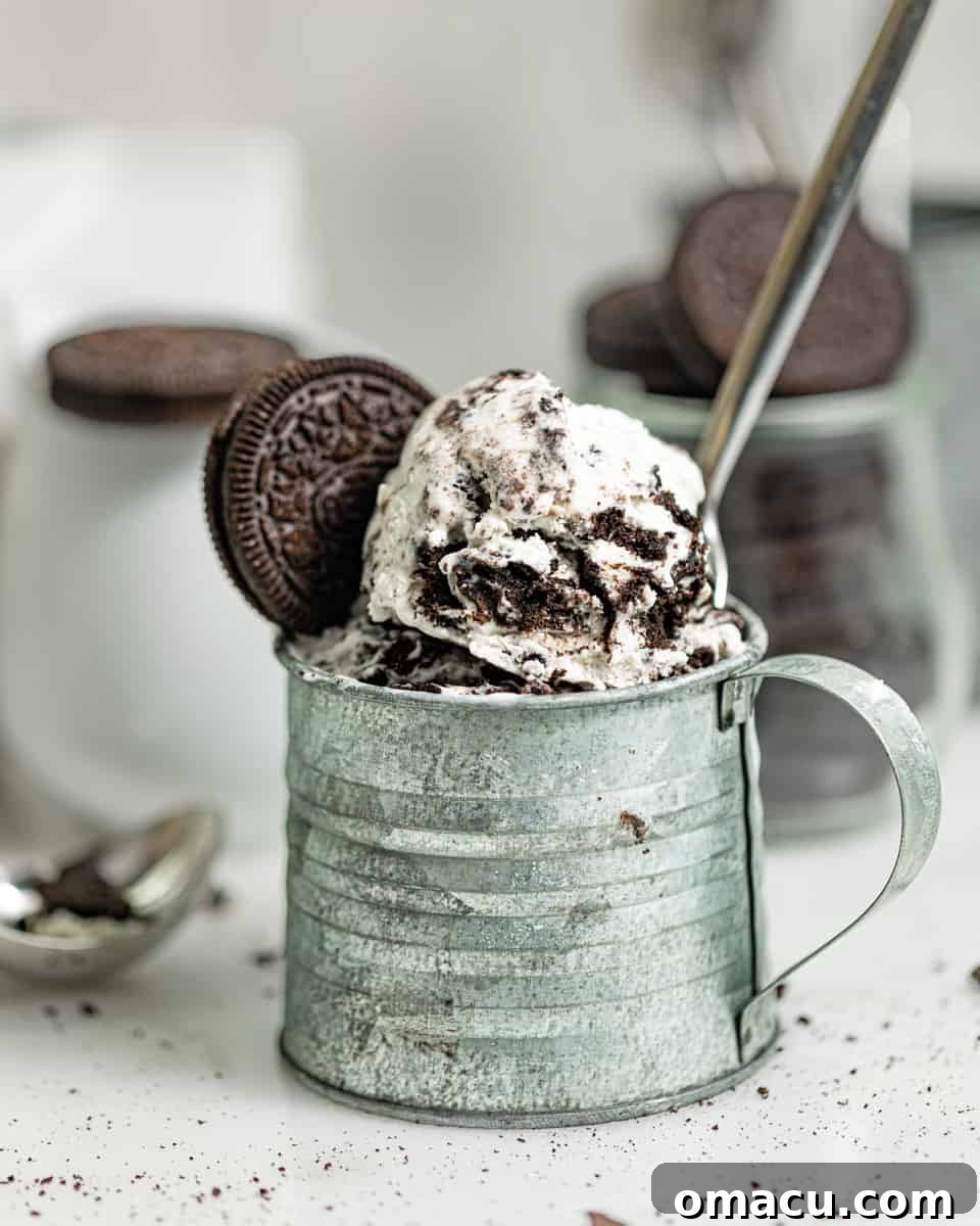 Homemade Oreo ice cream presented in a charming metal cup with a handle, highlighting its creamy texture and cookie pieces.