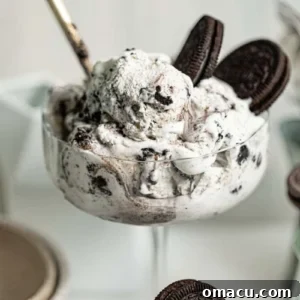 Close-up of creamy Oreo ice cream in a cup, topped with cookie pieces and a spoon inserted, ready to be enjoyed.