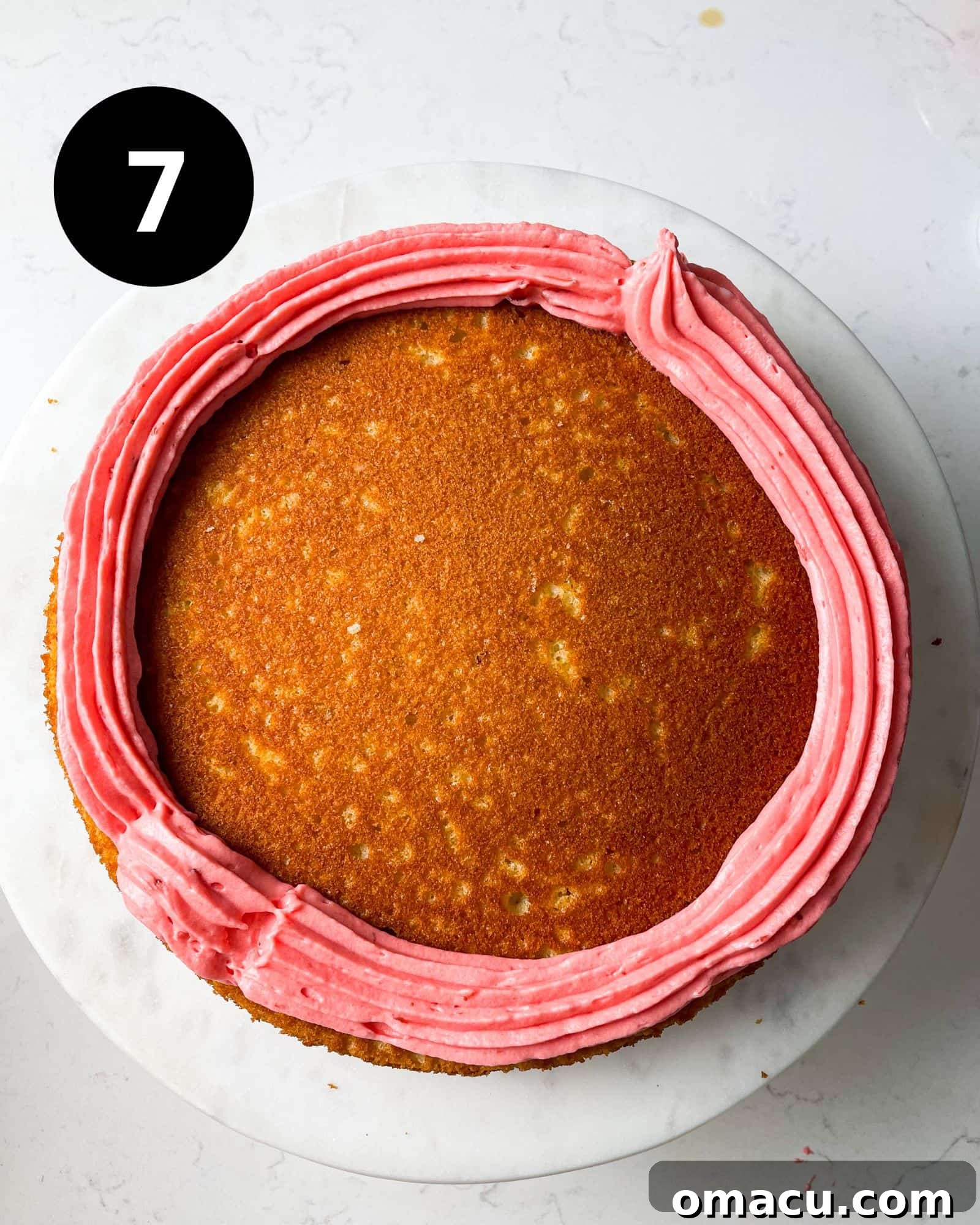 a cake layer with a rim of icing piped around its perimeter.