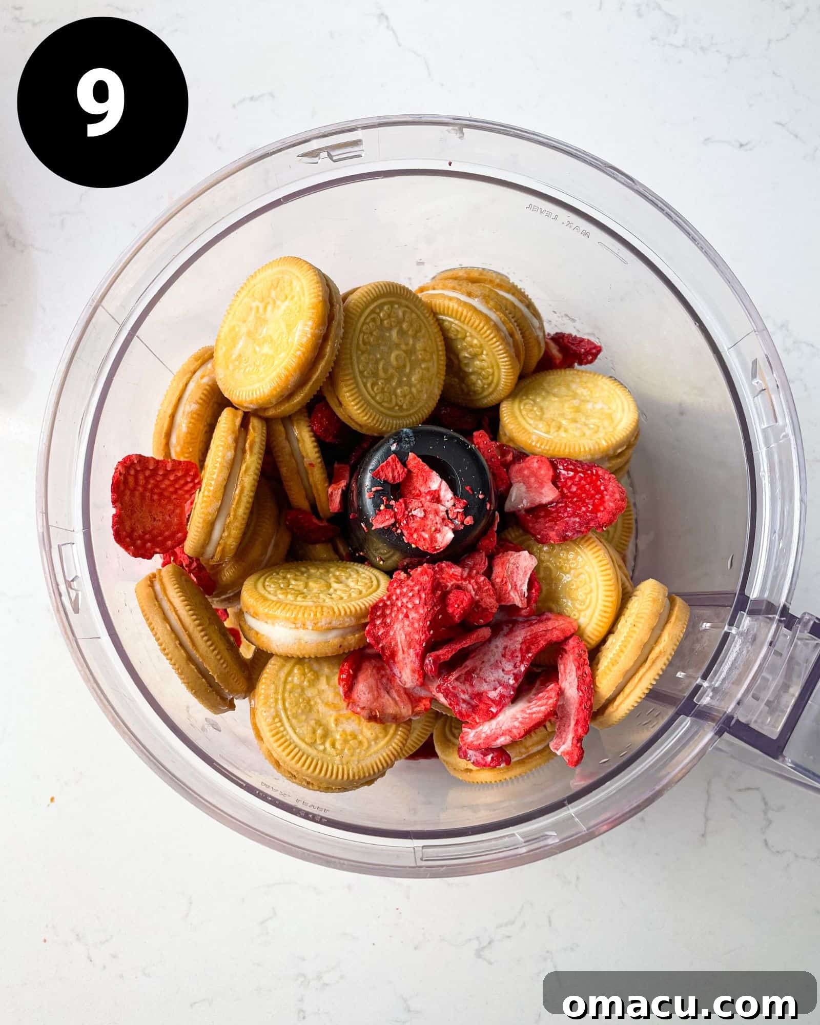 golden oreos, freeze dried strawberries, strawberry jello mix, and melted butter in a food processor to make the strawberry crunch topping.