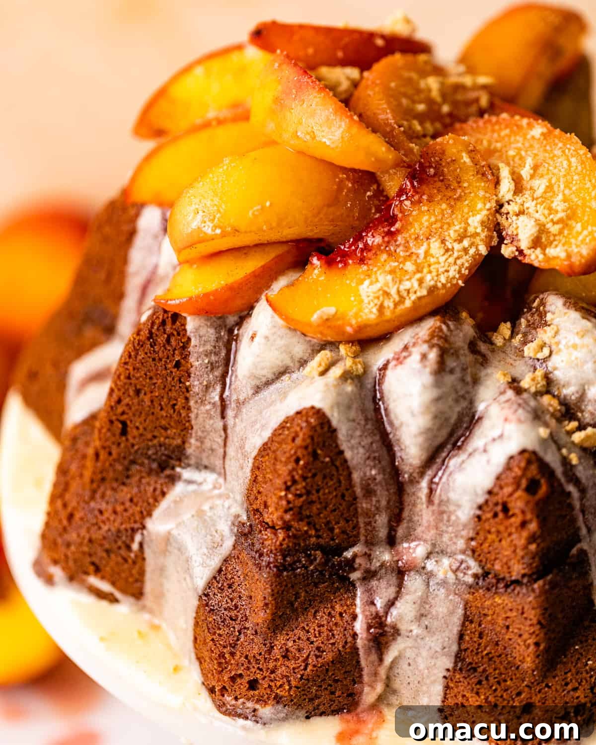 an up close photo of peach cobbler pound cake.