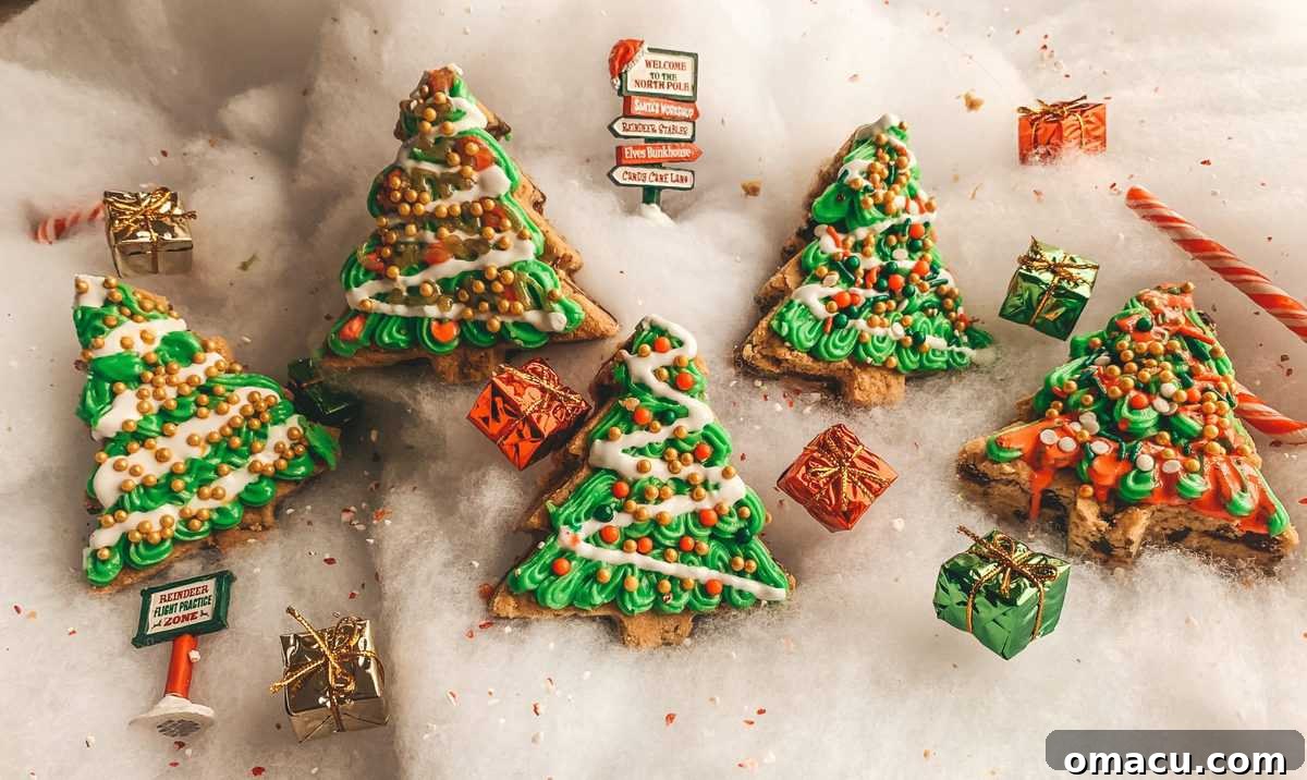 Beautifully decorated Chocolate Chip Christmas Tree Cookie Bars on a festive platter