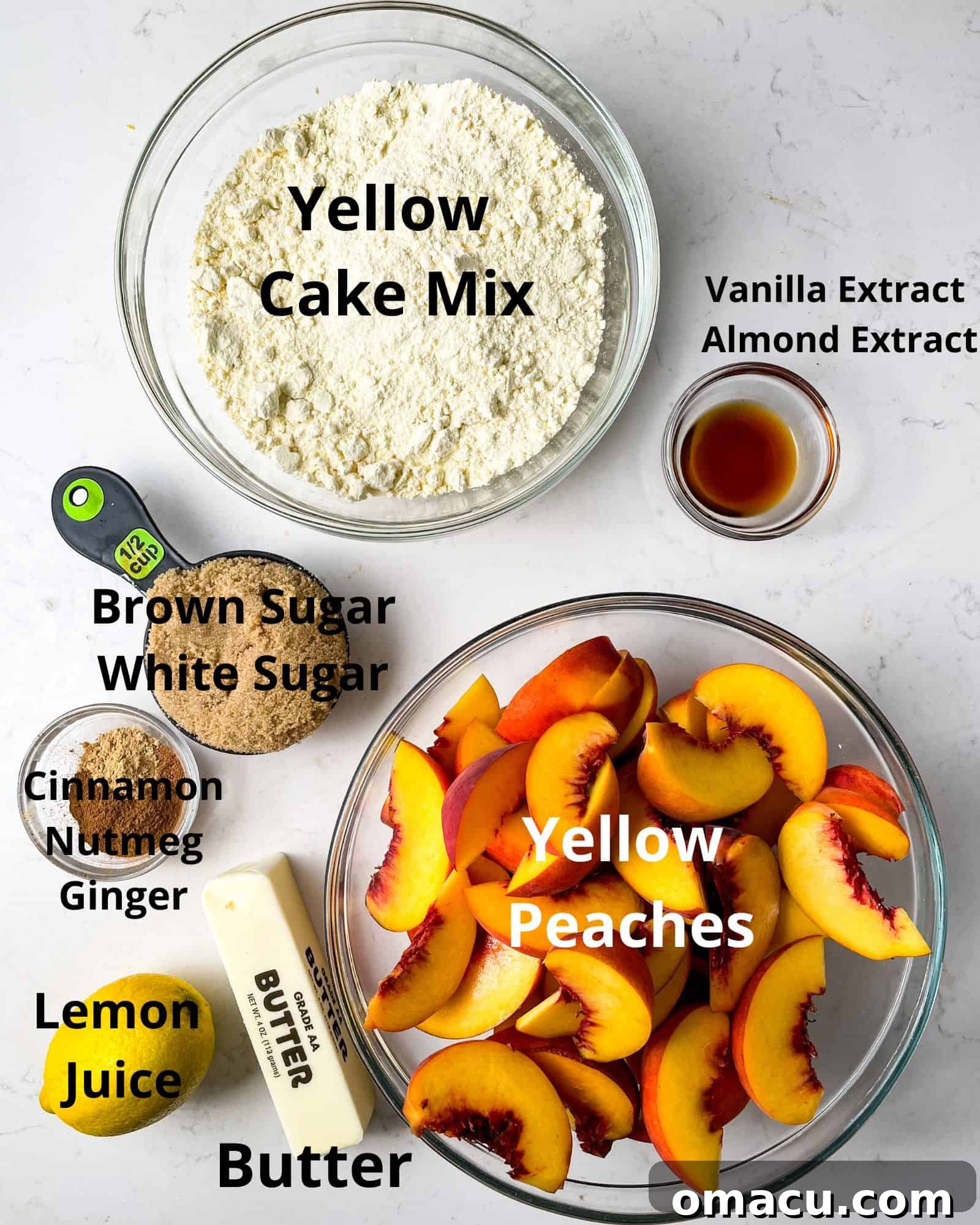 Essential ingredients for peach cobbler with cake mix: yellow cake mix, fresh yellow peaches, brown sugar, white sugar, vanilla extract, almond extract, cinnamon, nutmeg, ginger, butter, and lemon juice.