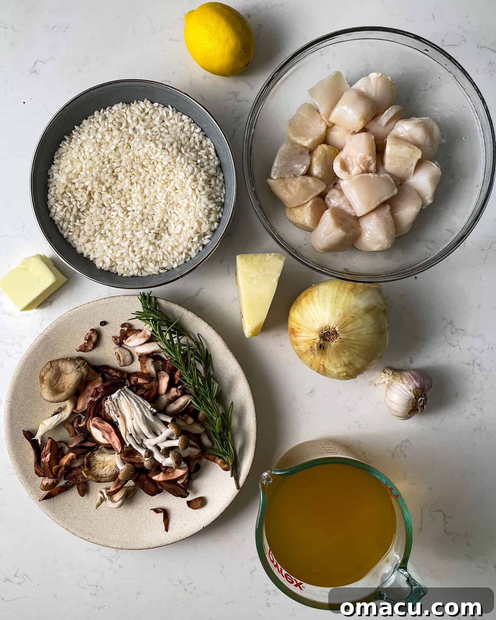 Ingredients to make mushroom risotto including Arborio rice, seasonings, chicken broth, dry white wine, parmesan, lemon juice and zest, various mushrooms, onions, and garlic.