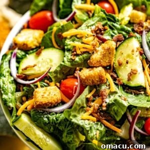 A vibrant house salad featuring crisp lettuce, sliced cucumbers, cherry tomatoes, shredded cheese, and crunchy croutons.