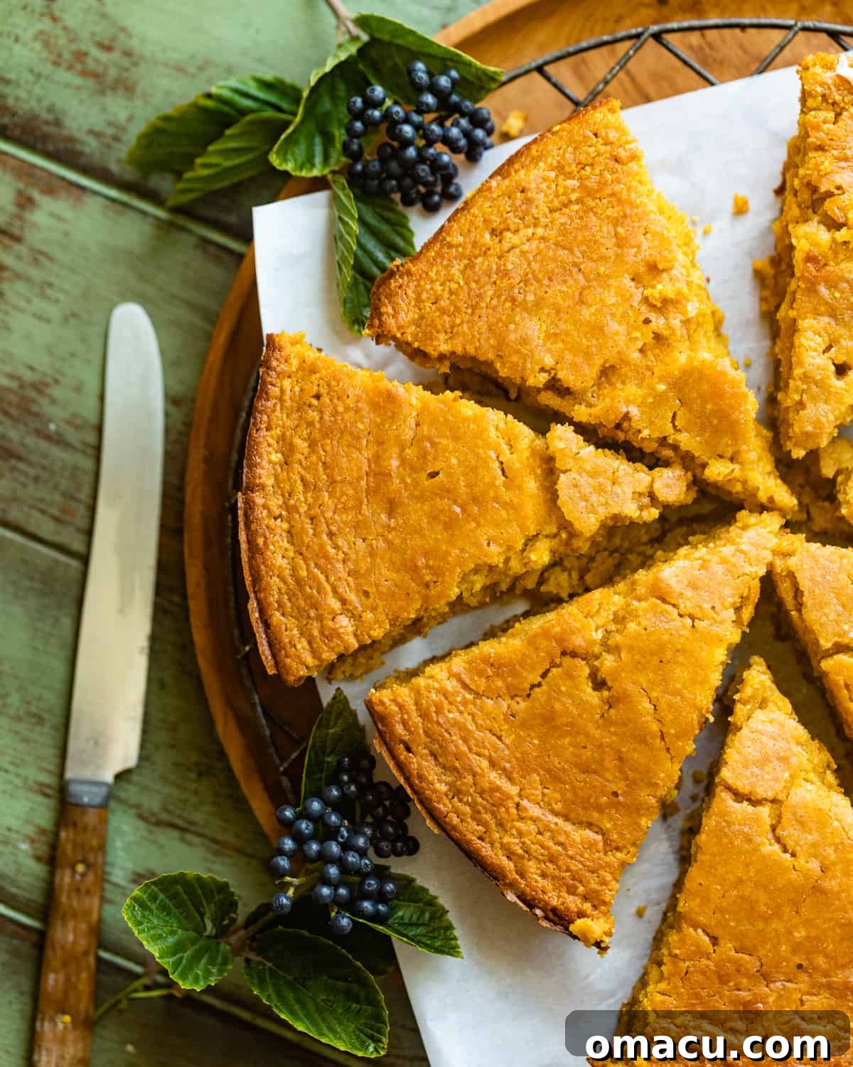up close photo of a slice of sweet potato cornbread on a plate, showing its soft interior.