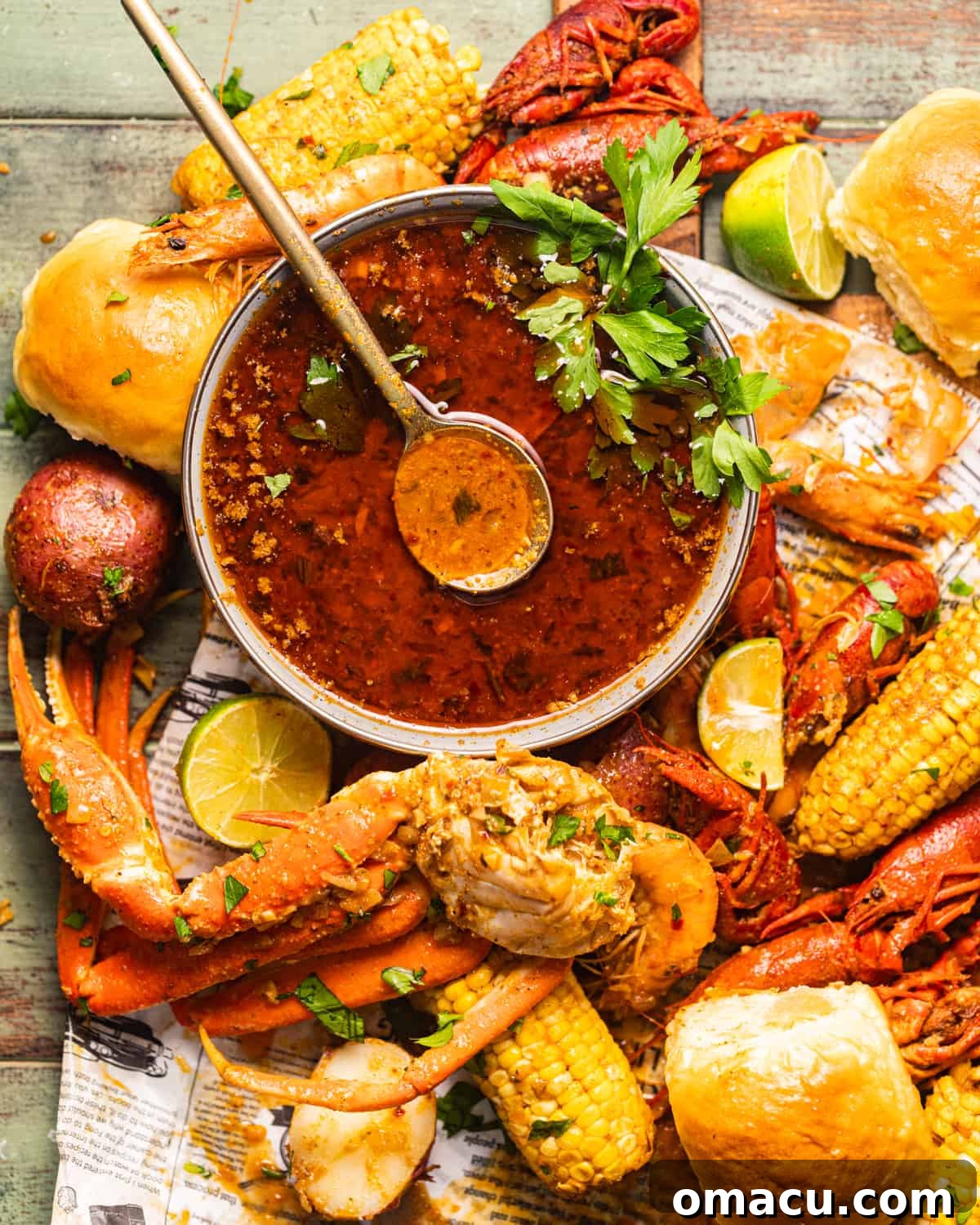 A vibrant bowl of garlic butter seafood boil sauce, surrounded by a generous spread of perfectly cooked crab legs, sweet corn on the cob, plump shrimp, and juicy crawfish, inviting you to dive into a delicious feast.
