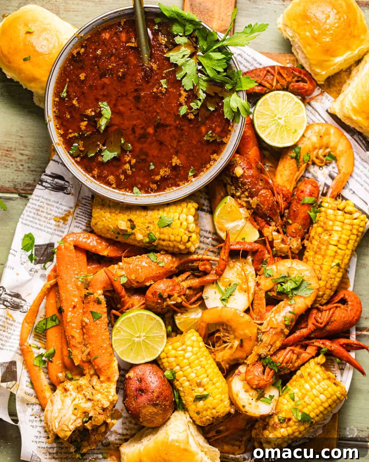 A bountiful spread of perfectly cooked seafood boil, including crab, shrimp, corn on the cob, and tender potatoes, ready to be drenched in the flavorful sauce and enjoyed by hungry diners.