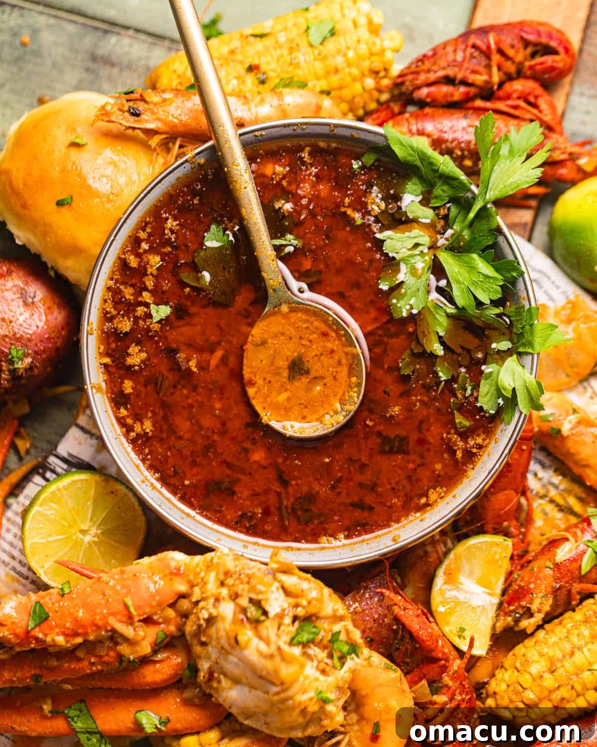 A bowl of rich, amber seafood boil sauce with a spoon resting inside, ready to be drizzled over a delicious seafood feast.