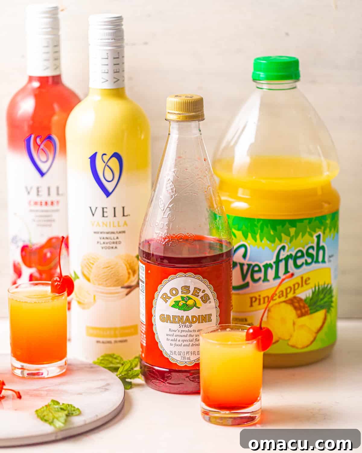 Ingredients laid out for making pineapple upside down cake shots.