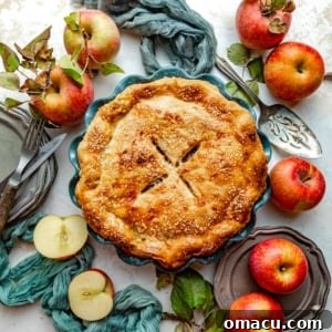 classic apple pie in a pie dish surrounded by apples.