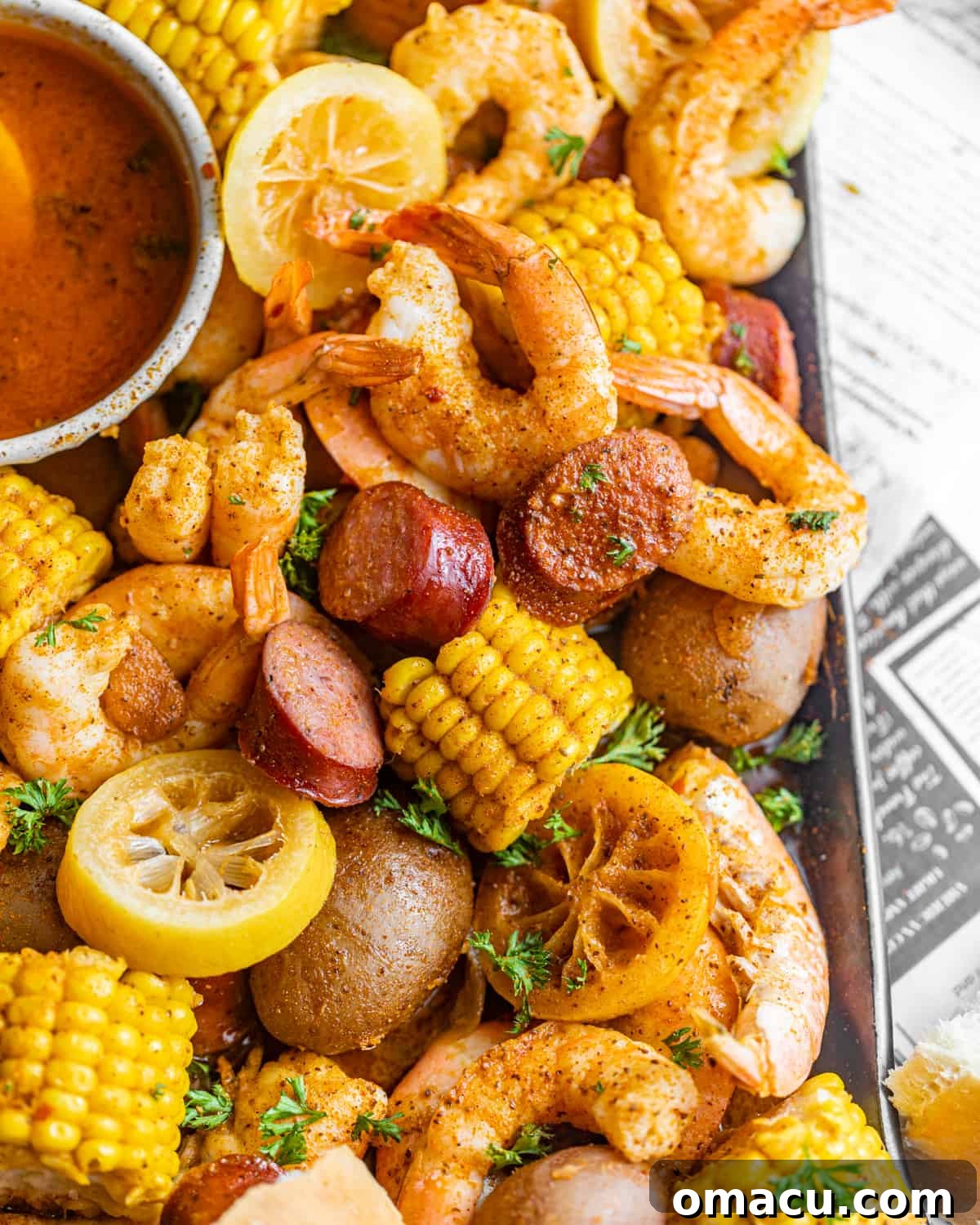 old bay shrimp boil on a serving platter.