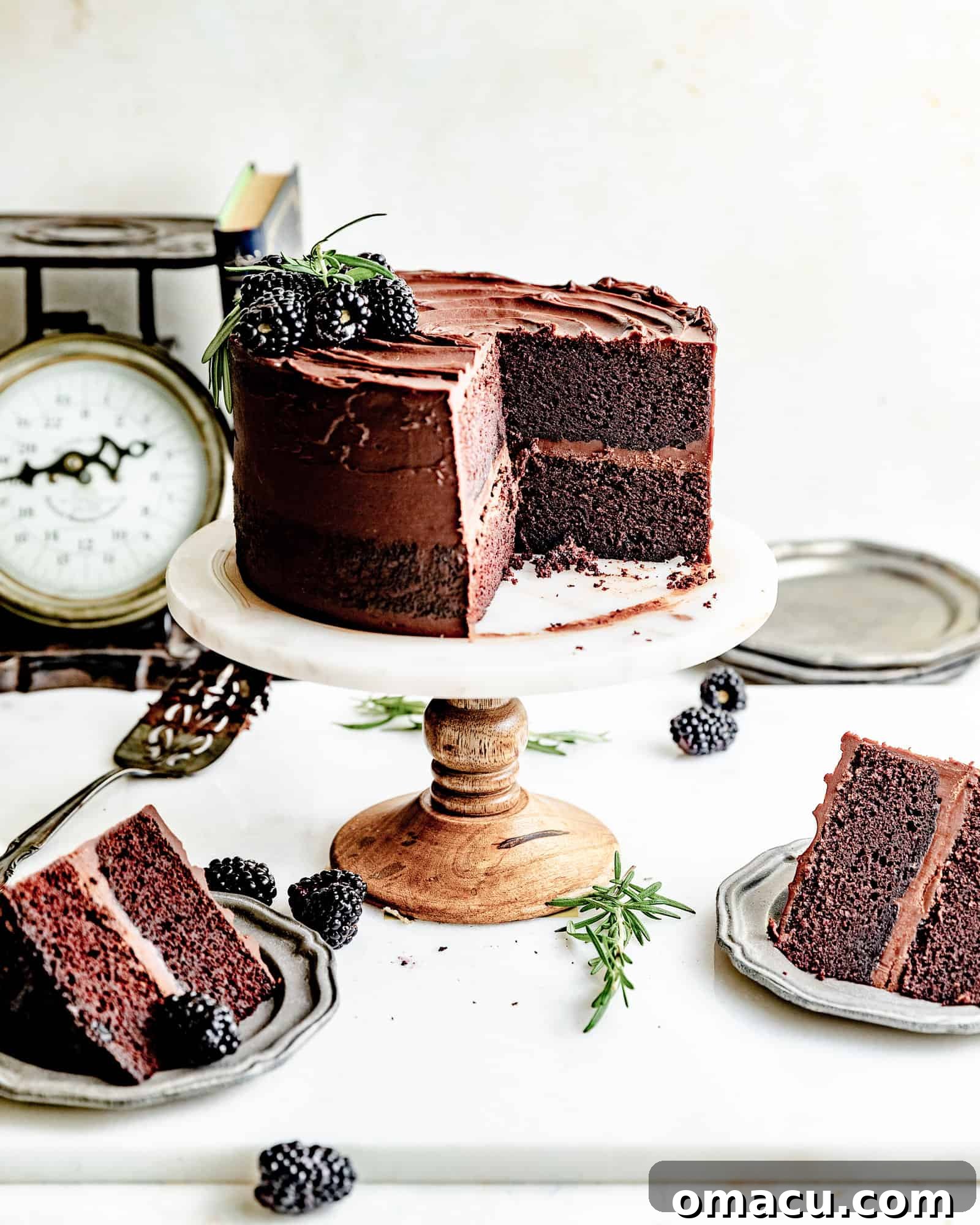 A stunning two-layer chocolate ganache cake, perfectly frosted and ready to be served, resting elegantly on a cake stand.
