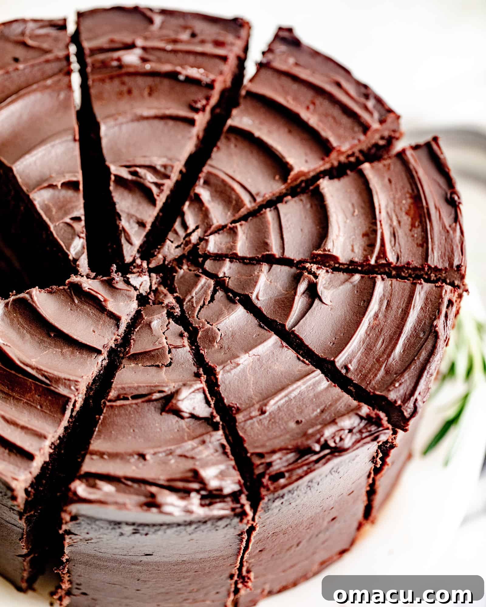 An overhead shot of a frosted chocolate ganache cake, showcasing its rich color and smooth texture, on a simple cake stand.