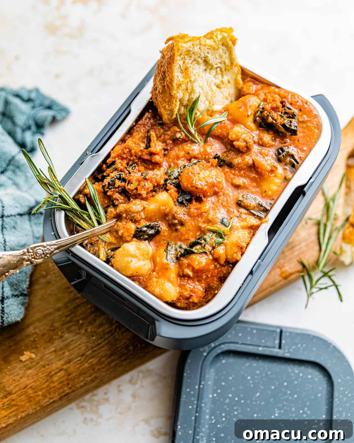 tomato gnocchi soup in an airtight container.