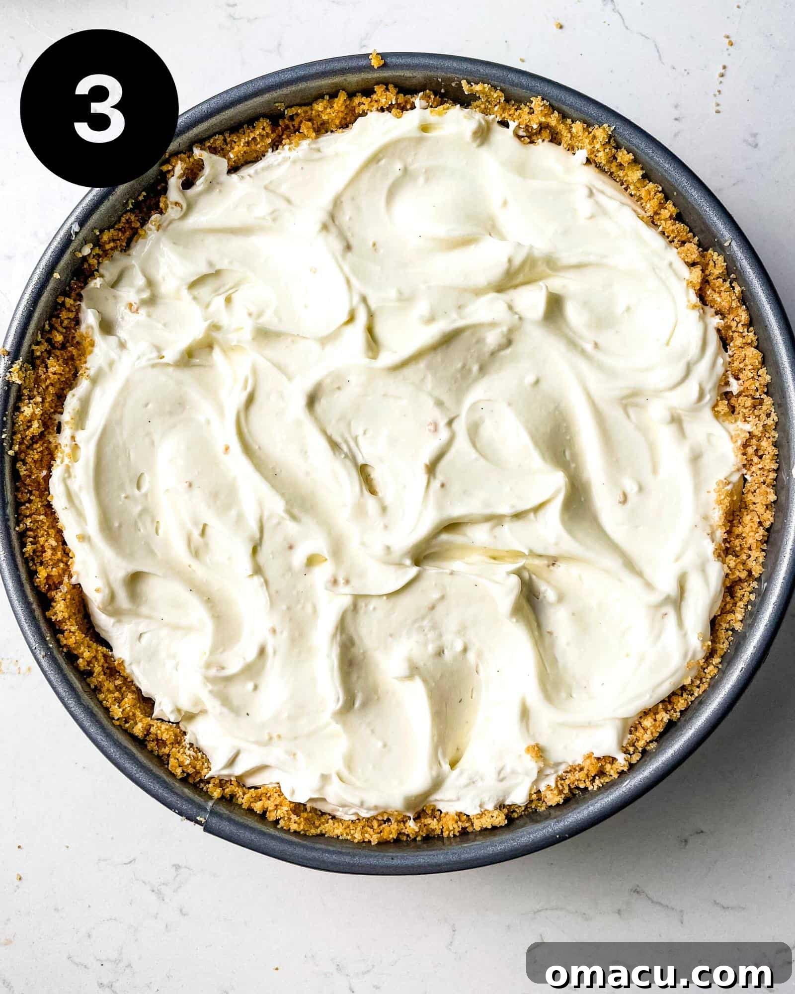 An assembled no-bake cheesecake in a springform pan, showing distinct layers of crust and filling, chilling to set.