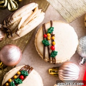 gingerbread macarons on a table with christmas ornaments.
