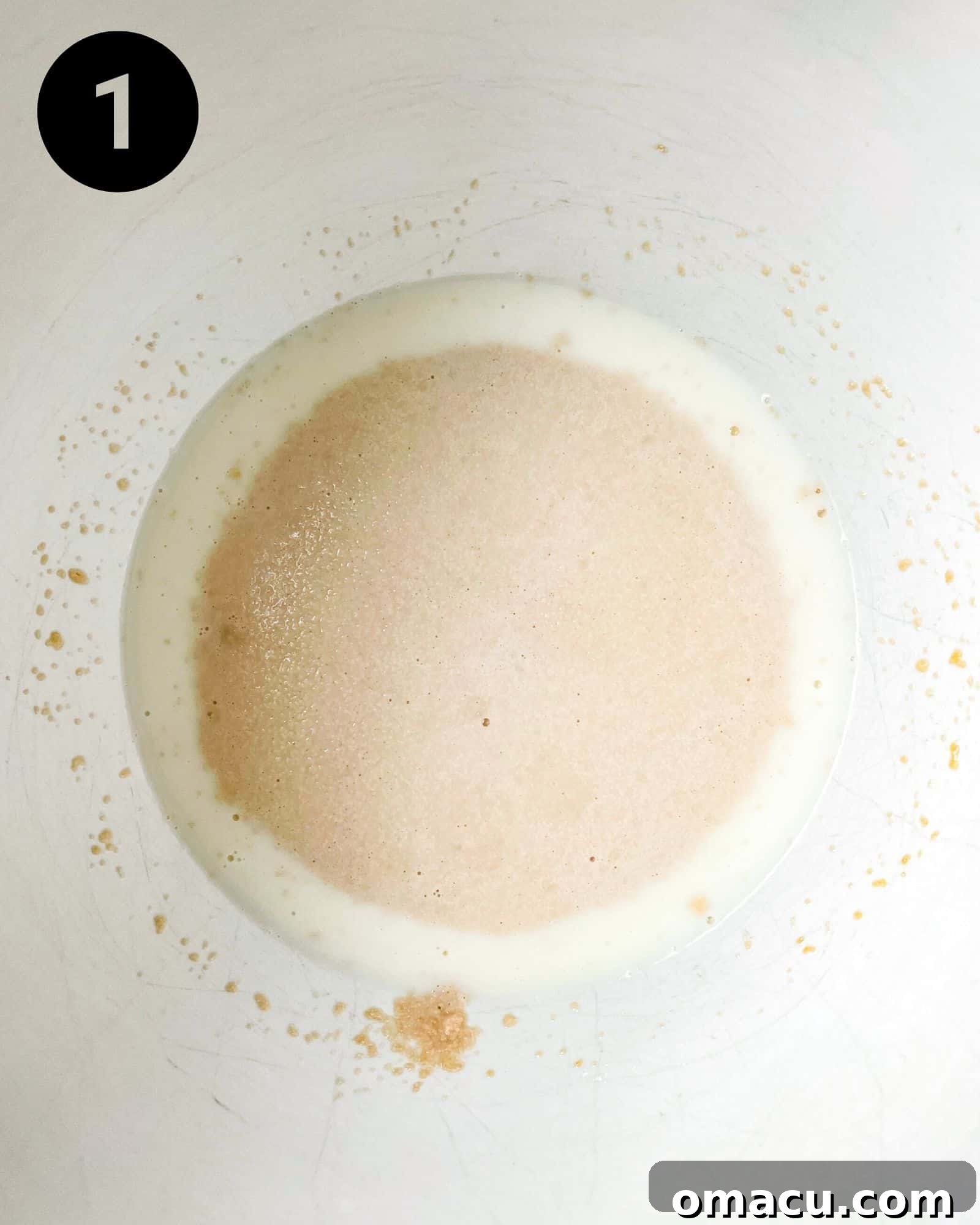 Close-up of the yeast mixture, foamy and active in a mixing bowl, indicating it's ready for the next steps.