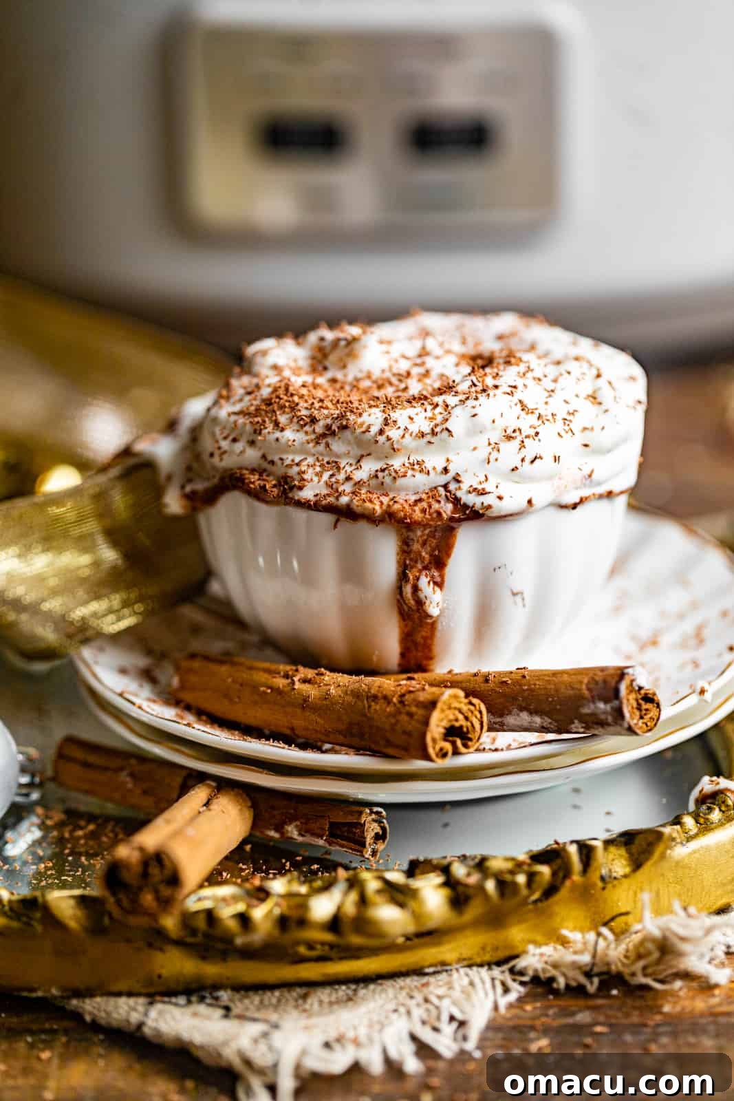 A cup of hot chocolate with whipped cream and chocolate shavings in front of a crockpot slow cooker, illustrating homemade goodness.