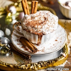 A cup of crock pot hot chocolate in a cup with cinnamon sticks and topped with whipped cream.