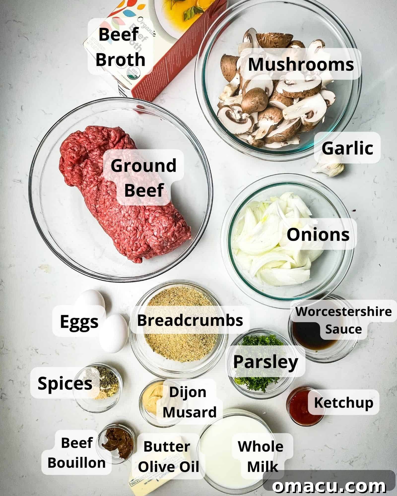 ingredients to make salisbury steak - beef, breadcrumbs, milk, seasonings, garlic, onions, ketchup, worcestershire sauce, parsley, eggs, dijon mustard, thyme, beef broth, flour, and better than bouillon.