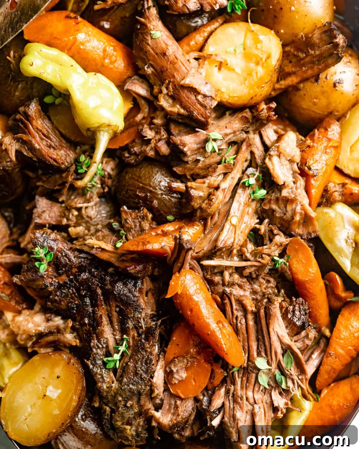 up close photo of mississippi pot roast cut into pieces with carrots and potatoes.