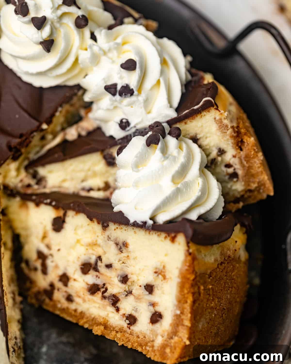 Slices of a decadent chocolate chip cheesecake on a serving tray, showcasing its creamy texture and rich toppings.