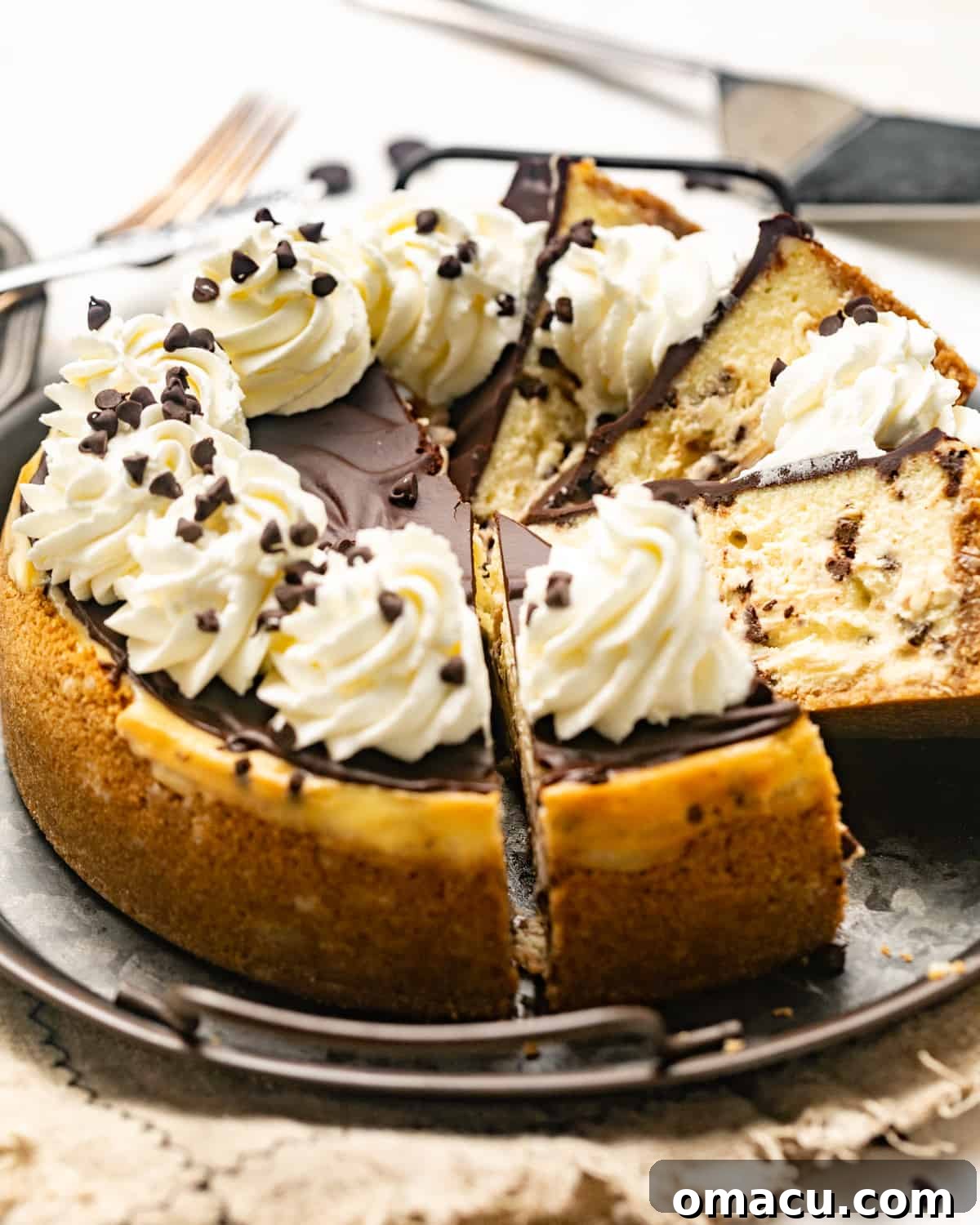 A beautifully sliced chocolate chip cheesecake presented on a silver platter, highlighting its perfect proportions and inviting appearance.