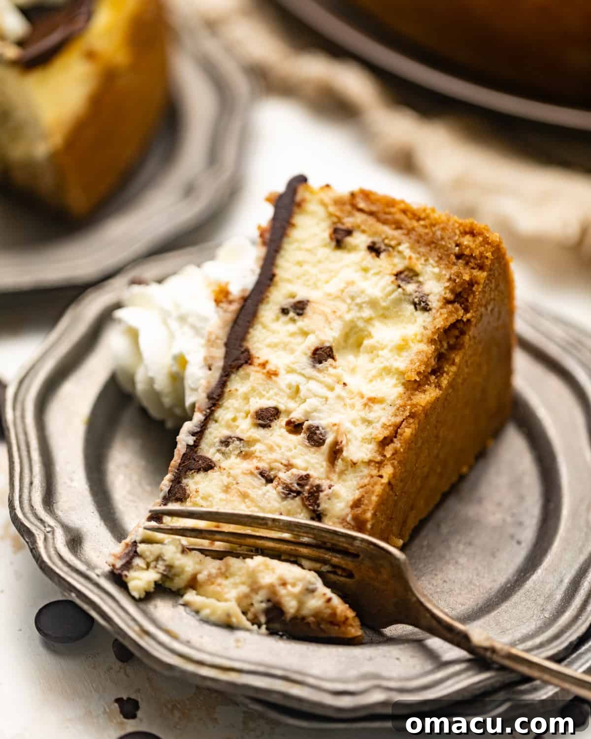 A perfect slice of chocolate chip cheesecake on a white plate with a fork, showing its smooth texture and generous amount of chocolate chips.